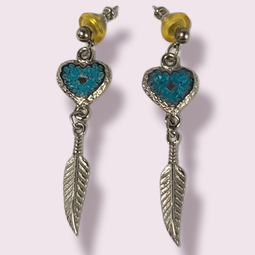 Vintage Pewter Turquoise Heart Feather Dangle Earrings Signed EGE 1991 Southwest - Picture 4 of 4